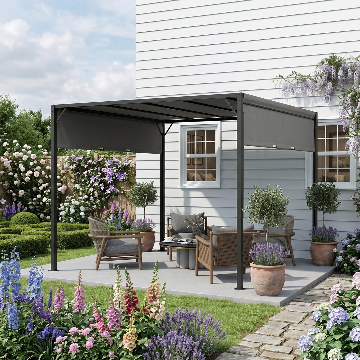 3 X 3 Meters Pergola with Sliding Roof, Garden Gazebo with Adjustable Sun Shade Canopy and Steel Frame, Charcoal Grey
