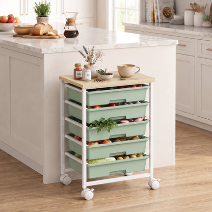 6-Tier Storage Trolley on Wheels, Metal Kitchen Rolling Cart with 5 Pull-Out Drawers, Green