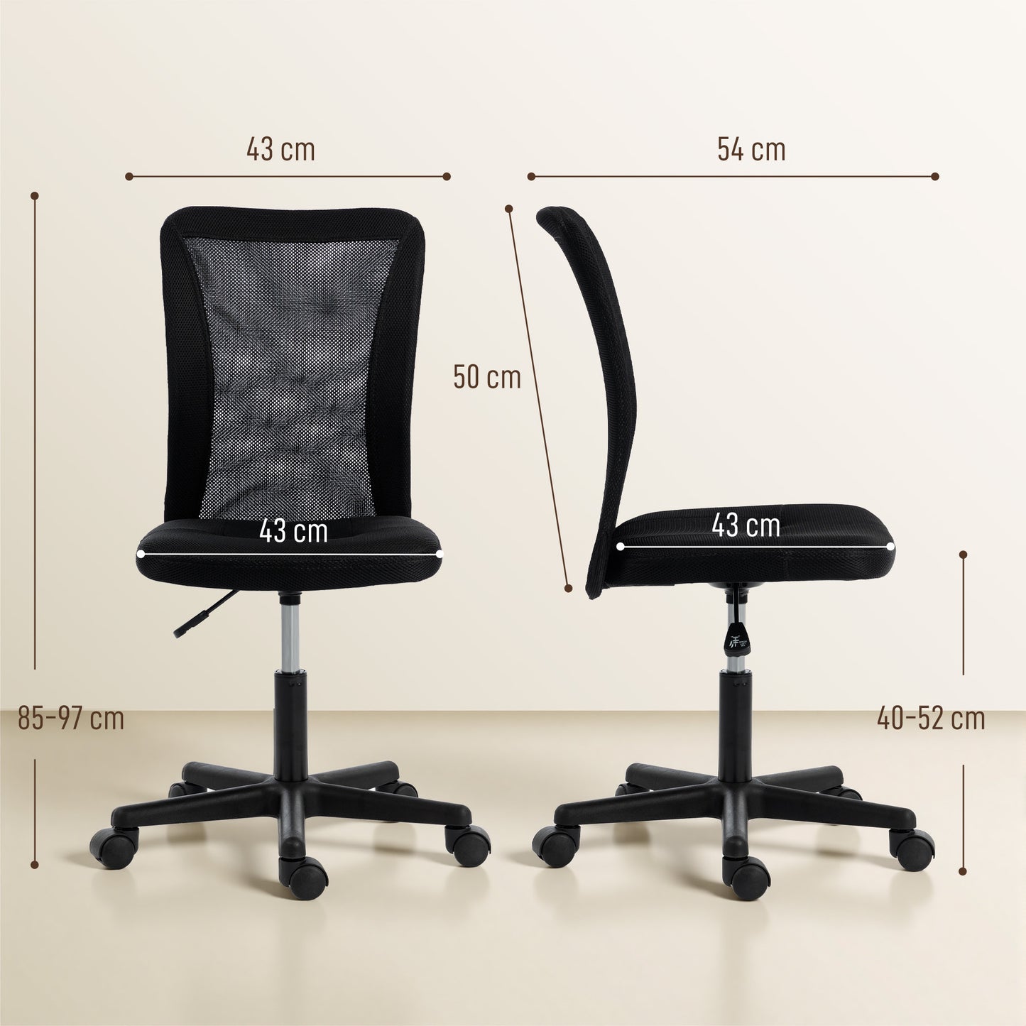 Computer Desk Chair, Armless Mesh Office Chair with Adjustable Height and Rolling Wheels, Black