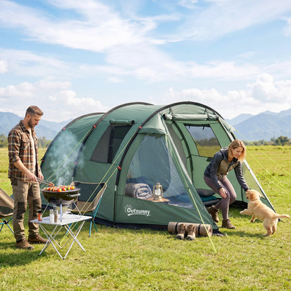 Two Room Tunnel Tent Camping Tent for 3 Man with Windows, Covers, Carry Bag, for Fishing, Hiking, Sports, Green