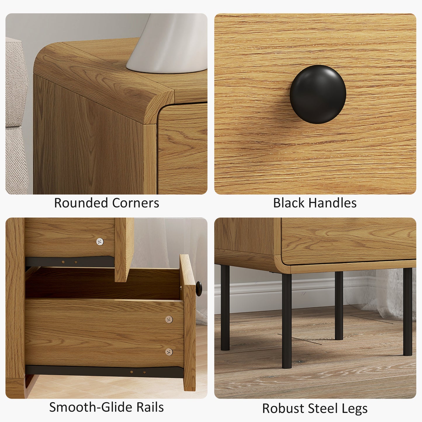 Bedside Table with 2 Drawers and Steel Legs - Oak