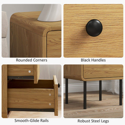 Bedside Table with 2 Drawers and Steel Legs - Oak