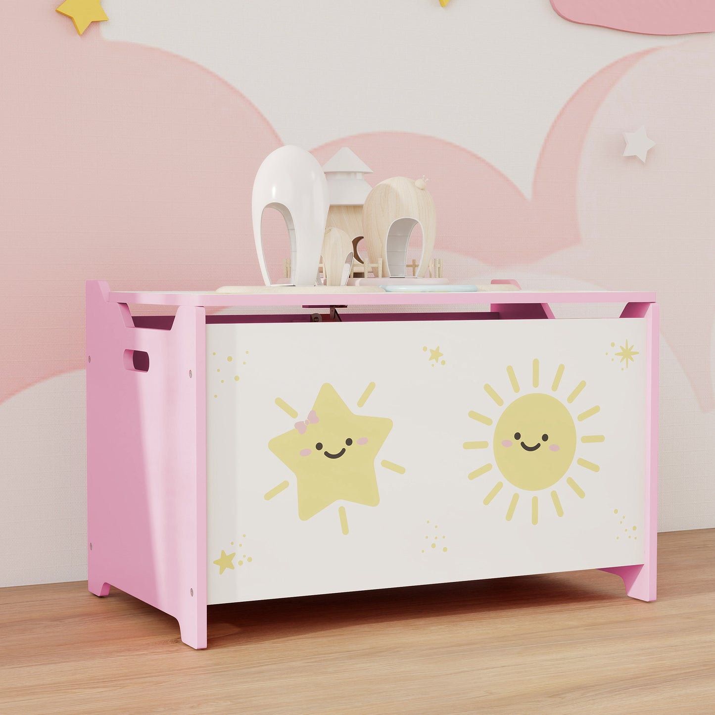 Toy Box with Lid, Safety Hinges and Groove Handles, Toy Storage organiser for Kids, Living Room, Playroom, Pink