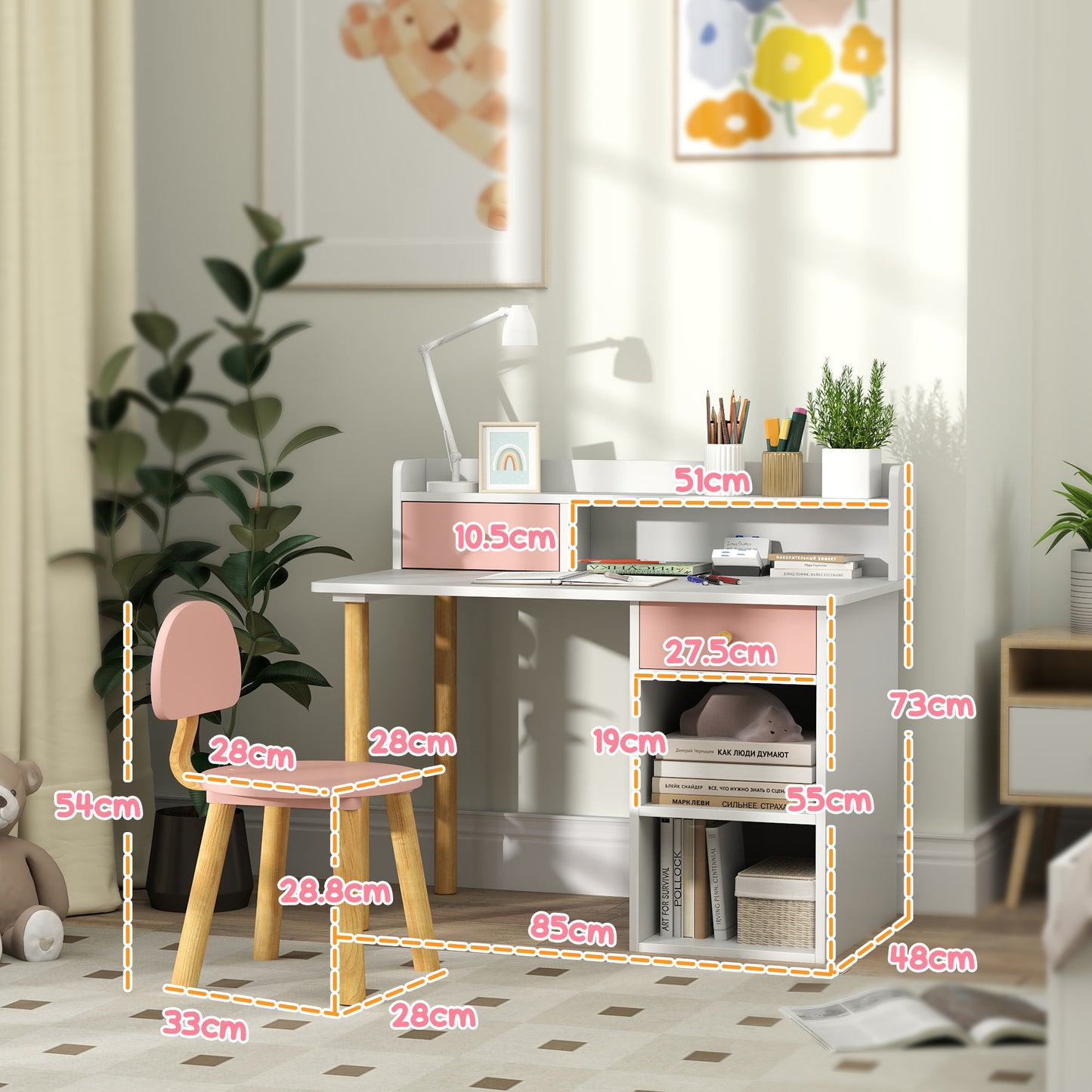 2 Pieces Children Study Table with Hutch, Kids Desk and Chair Set with Storage, Drawer, Shelves, Pink