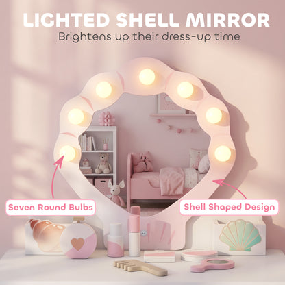 Kids Vanity Set, Kids Dressing Table with Chair, Acrylic Mirror, Lighted Bulbs, 7-Piece Accessories, for 3-8 Years, Pink
