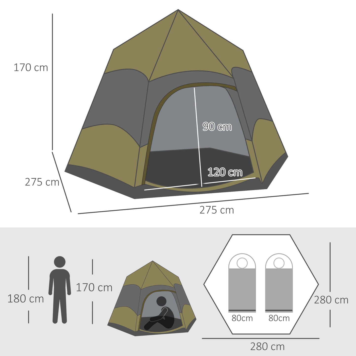 4 Man Hexagon Camping Tent with Hang Hook and Carry Bag - Dark Green and Light Grey