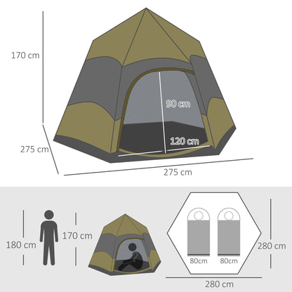 4 Man Hexagon Camping Tent with Hang Hook and Carry Bag - Dark Green and Light Grey