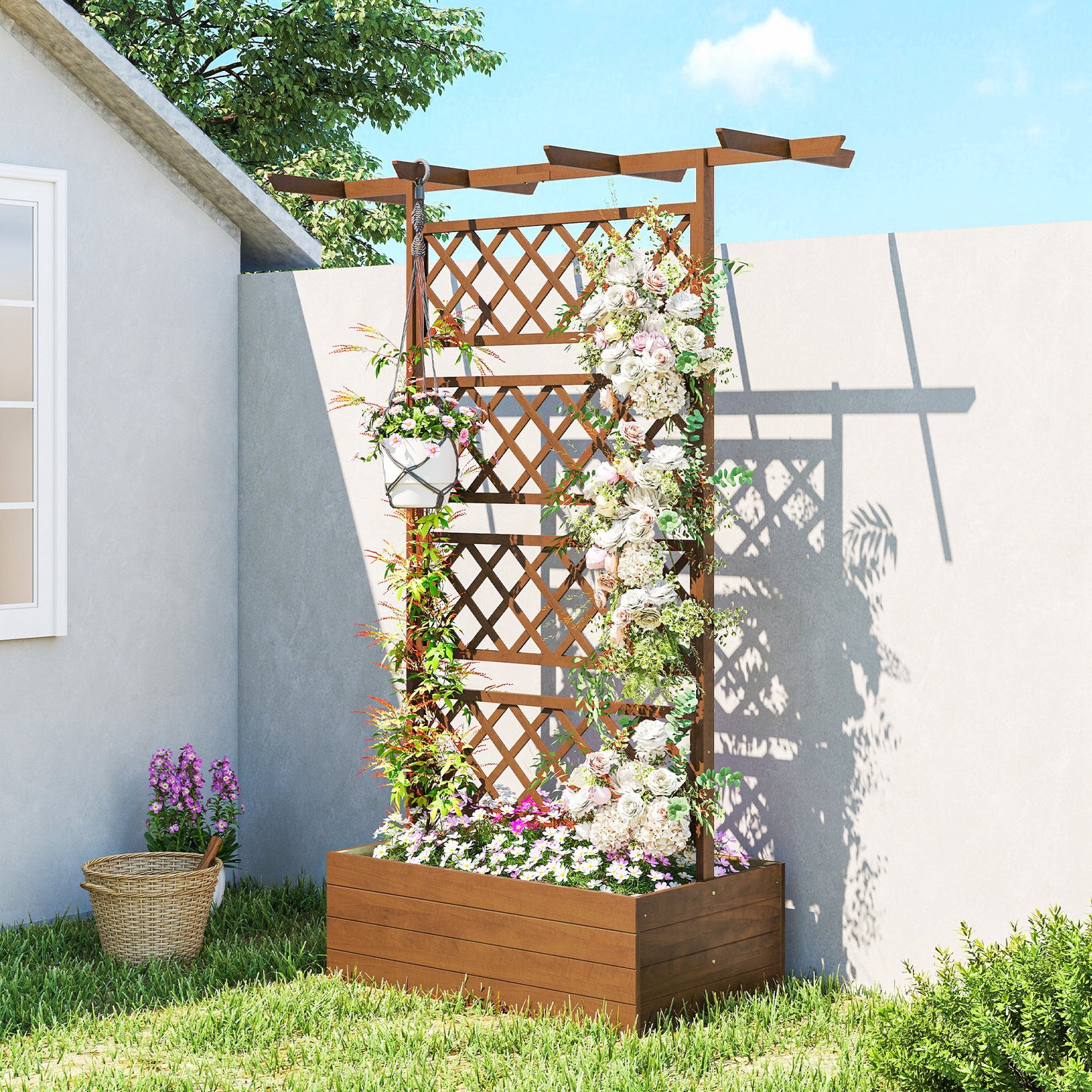 Wooden Trellis Planter Box, Raised Garden Bed to Grow Vegetables, Herbs and Flowers, Orange