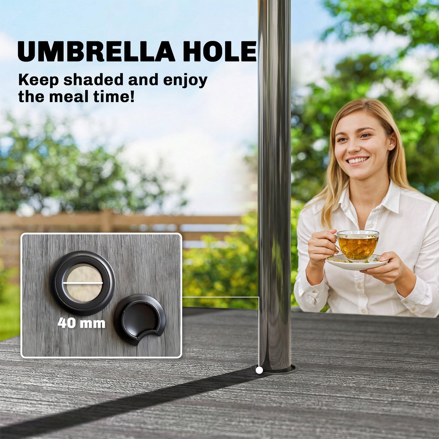 Garden Dining Table for 4, 85 cm Square Outdoor Table with Umbrella Hole, Faux Wood Top, Metal Legs, Dark Grey