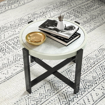Round Small Garden Table, 60cm Outdoor Side Table with Faux Marble Tempered Glass Top, Aluminium Frame for Garden, Patio