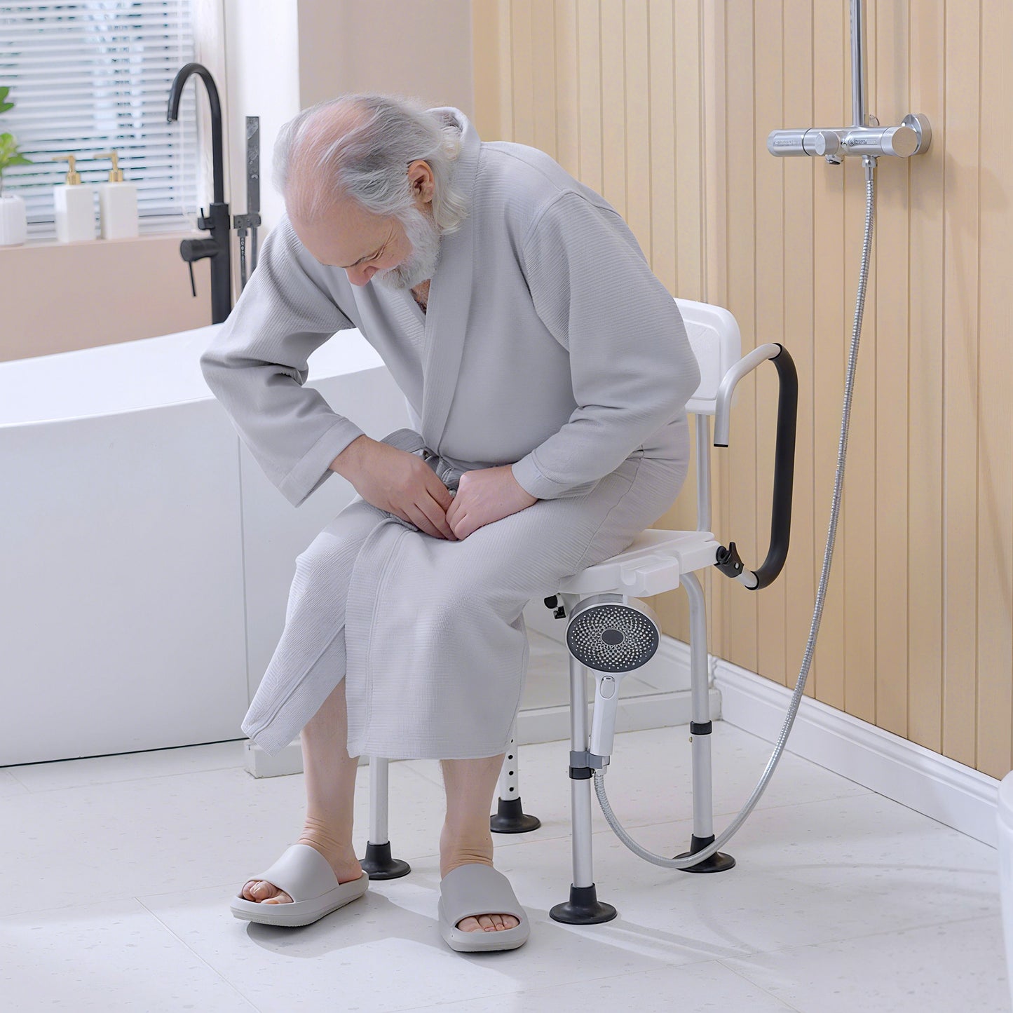 Shower Chair for the Elderly and Disabled, Height Adjustable Shower Stool with Back and Flipped Padded Arms