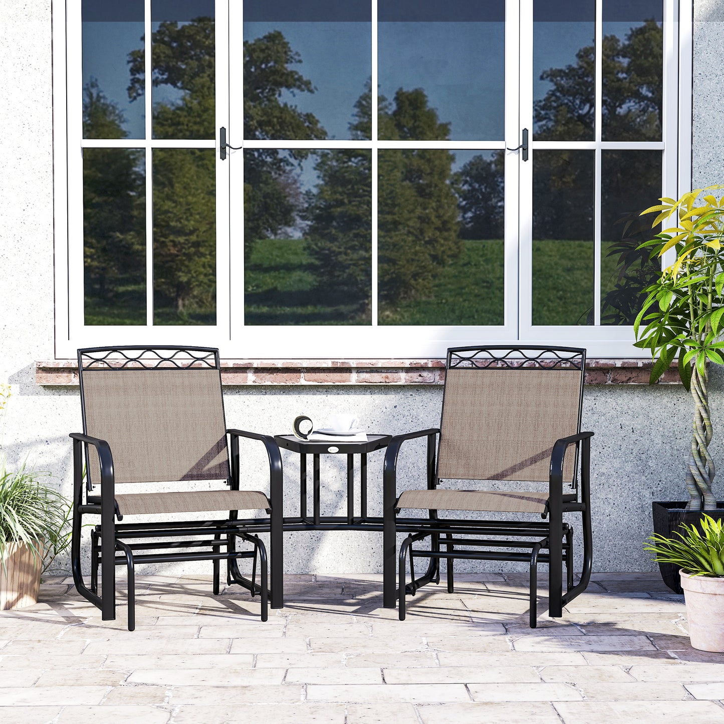 Double Outdoor Glider Chair, 2 Seater Patio Rocking Chairs, Swing Bench with Tempered Glass Table