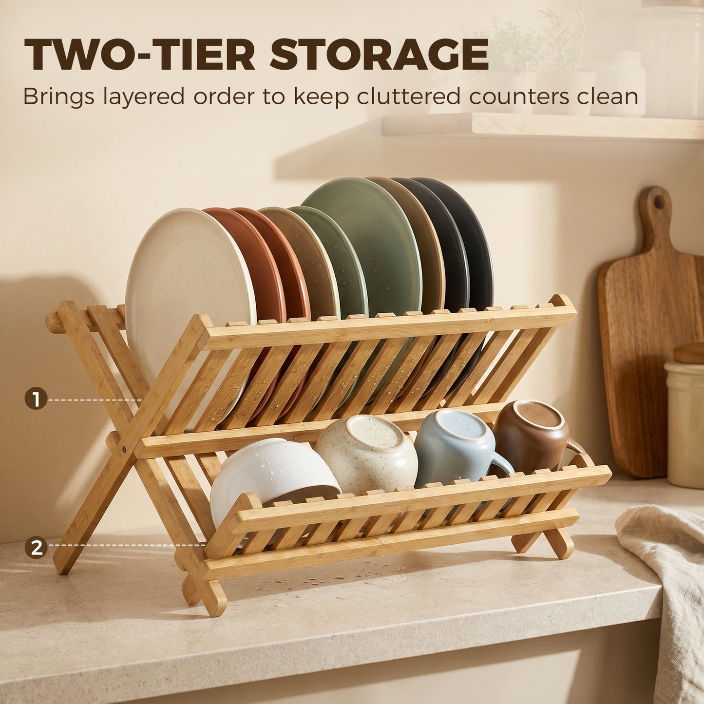 Kitchen Storage Unit, 2-Tier Foldable Kitchen Storage Rack with Slatted Draining Shelves, Natural Wood Finish