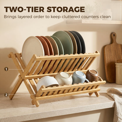Kitchen Storage Unit, 2-Tier Foldable Kitchen Storage Rack with Slatted Draining Shelves, Natural Wood Finish