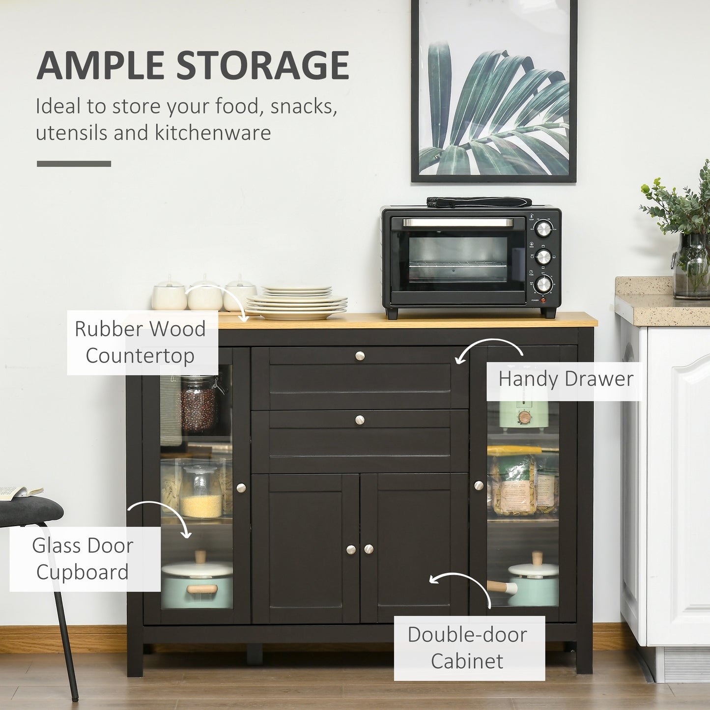 Modern Storage Cabinet, Sideboard with Oak Top, 4 Doors, 2 Drawers and 5 Adjustable Shelves, Black Brown
