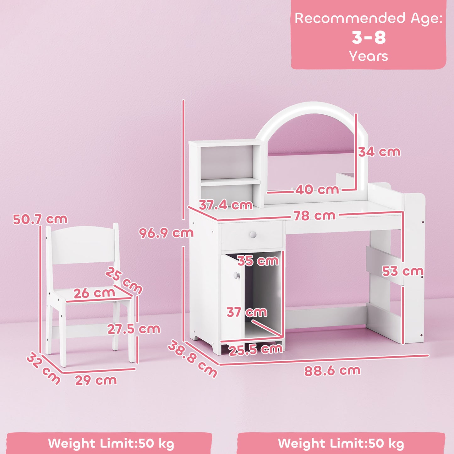 Kids Vanity Table and Chair Set, Girls Dressing Table with 2-Colour LED Mirror, Stool, Cabinet, Drawer, Shelves, White