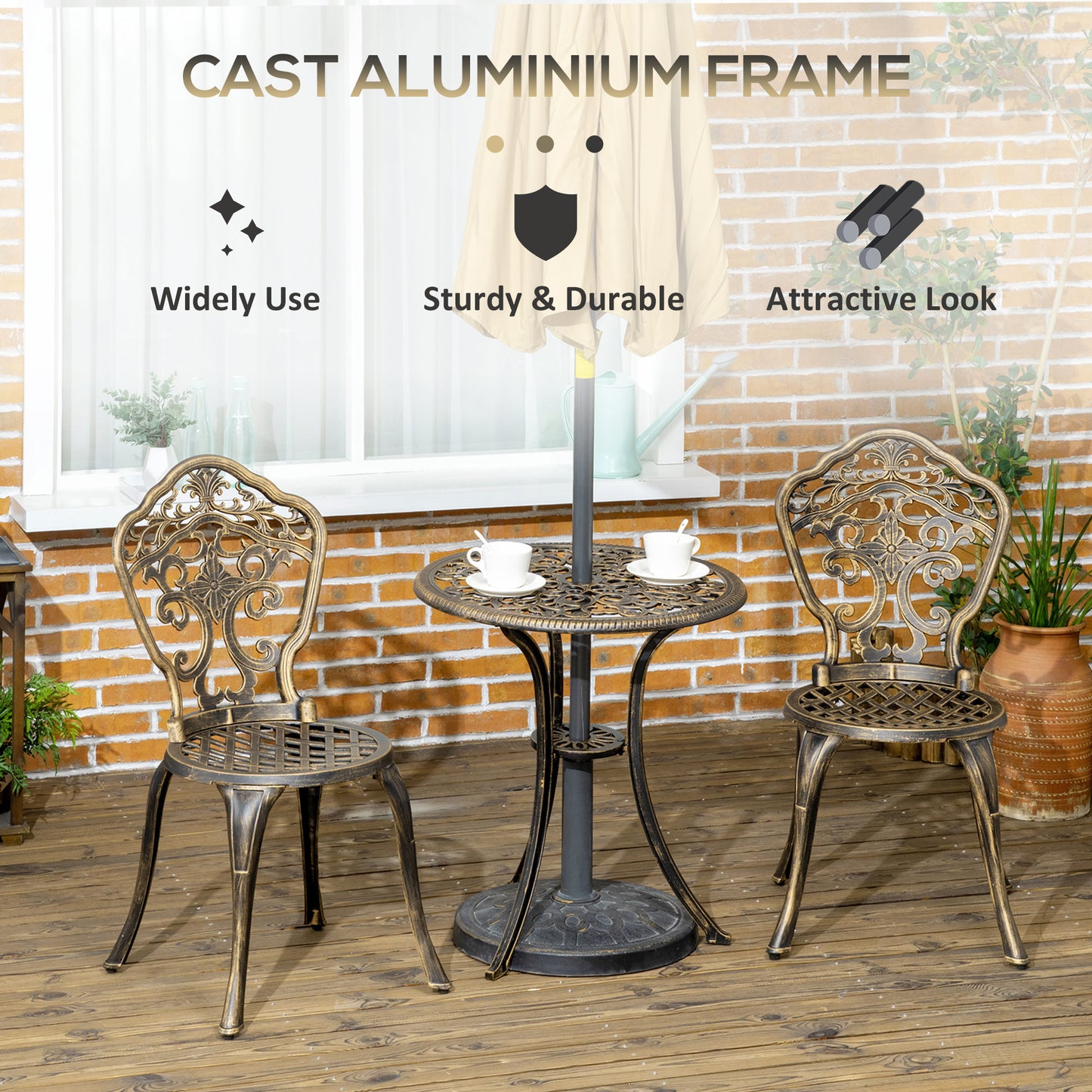 3 Piece Cast Aluminium Garden Bistro Set for 2 with Parasol Hole, Outdoor Coffee Table Set