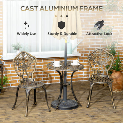 3 Piece Cast Aluminium Garden Bistro Set for 2 with Parasol Hole, Outdoor Coffee Table Set