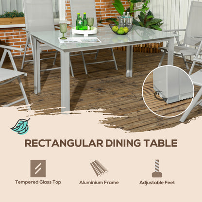 7 Piece Garden Dining Set, Outdoor Table and 6 Folding and Reclining Chairs, Aluminium Frame, Tempered Glass Top Table