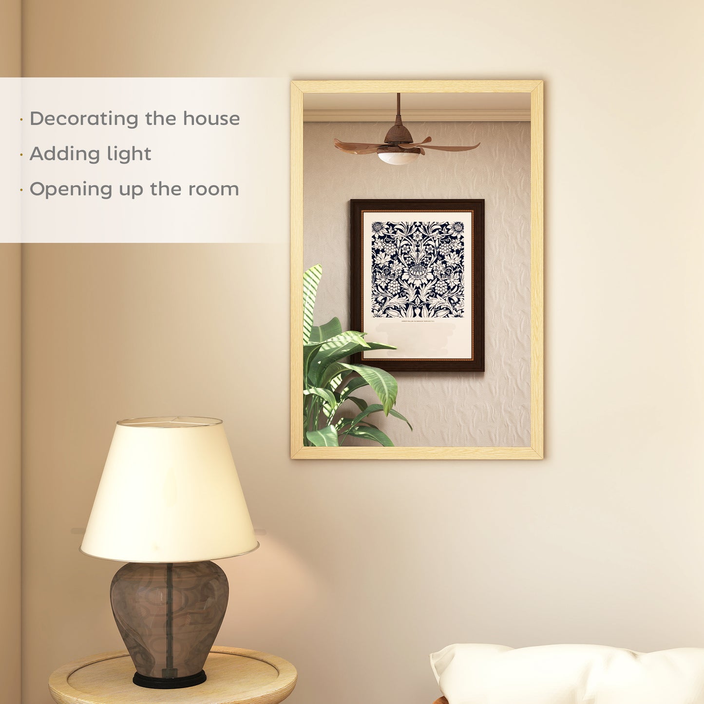 Wall Bathroom Mirror, 60 x 40 cm Wall-Mounted Mirror for Living Room, Bedroom, Hallway, Natural Wood Finish