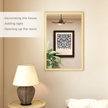 Wall Bathroom Mirror, 60 x 40 cm Wall-Mounted Mirror for Living Room, Bedroom, Hallway, Natural Wood Finish