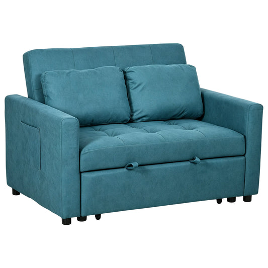Loveseat Sofa Bed, Convertible Bed Settee with 2 Pillows, Side Pockets, Blue