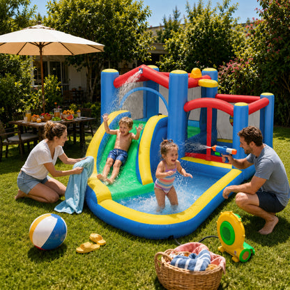 Inflatable Bouncy Castle with 550W Blower, Basketball Hoop, Long Slide, Dart Board, Carrying Bag, 385 x 290 x 180 cm