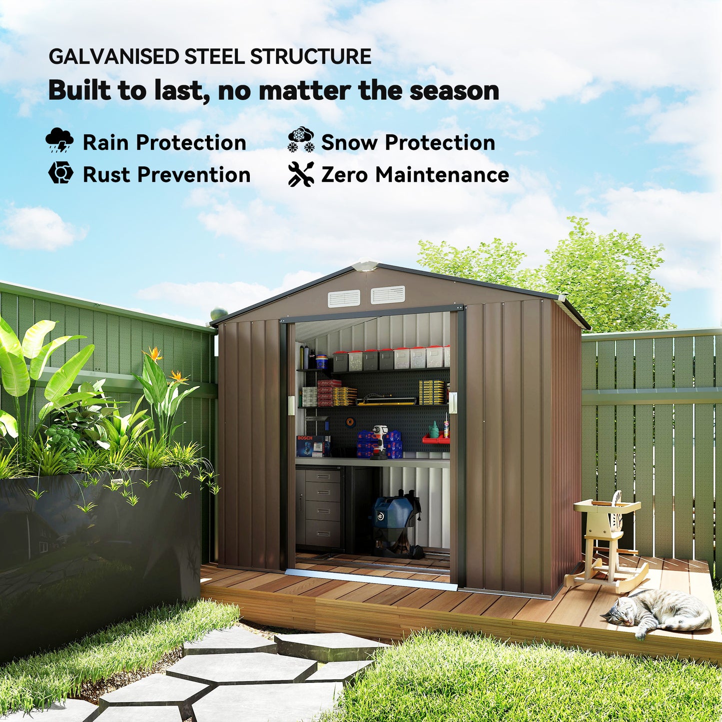 7 x 4ft Metal Garden Shed, Outdoor Storage Tool House with Ventilation Slots, Brown