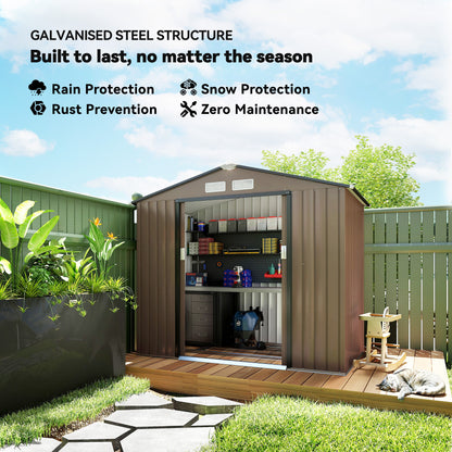 7 x 4ft Metal Garden Shed, Outdoor Storage Tool House with Ventilation Slots, Brown