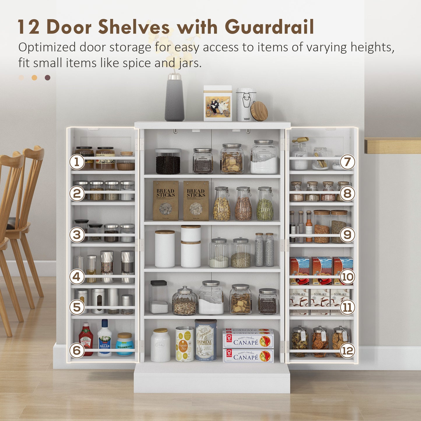 Kitchen Cupboard 6-tier Door Racks Freestanding Multi-Storage with Adjustable Shelves, White