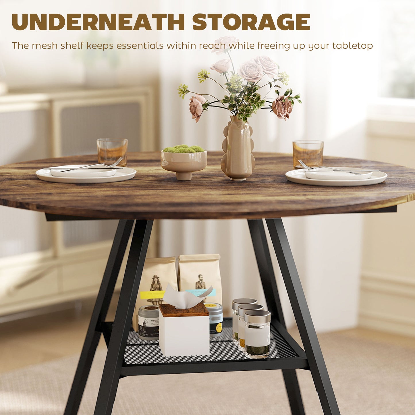 Dining Table for 4 People, 100 cm Round Industrial Kitchen Table with Storage Shelf, Rustic Brown