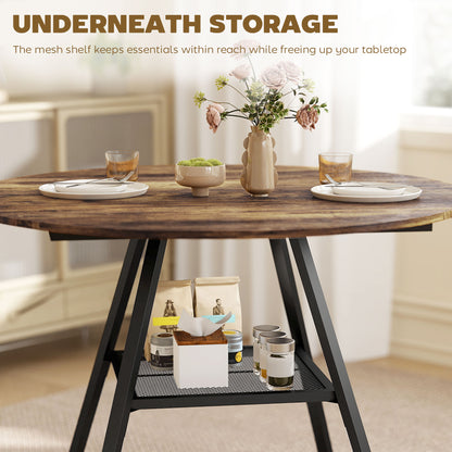 Dining Table for 4 People, 100 cm Round Industrial Kitchen Table with Storage Shelf, Rustic Brown