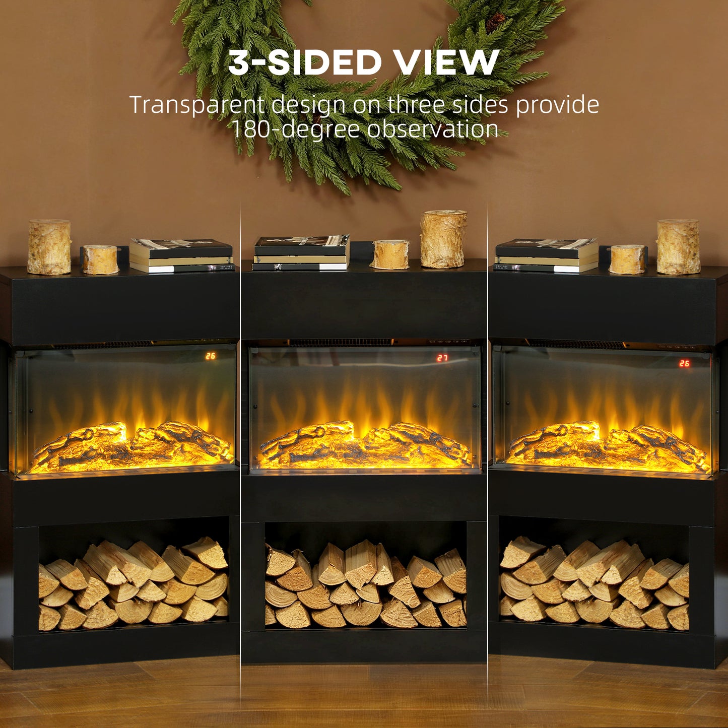 19" Electric Fireplace with Surround, 3D Flame Effect, 6 Colours & 3 Brightness Levels