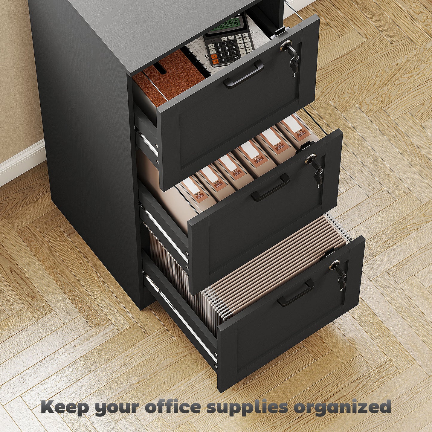 3-Drawer Filing Cabinet with Lock - Black