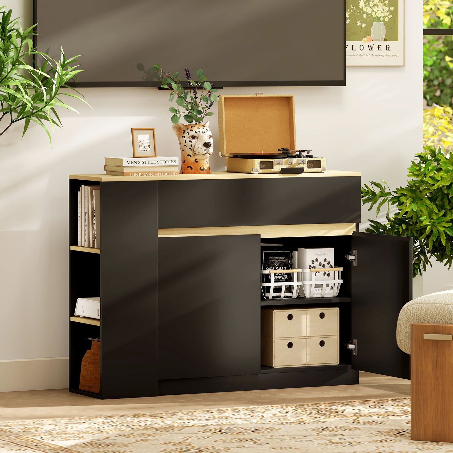 Kitchen Island, Storage Cabinet with Adjustable Shelf, 2 Drawers, 3 Open Shelves, Black