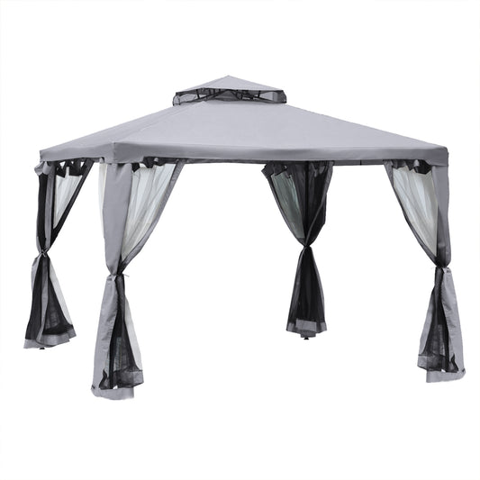 3 x 3 m Metal Gazebo, Garden Pavillion, Double Roof Outdoor Canopy Shelter with Mesh Sidewalls, Grey