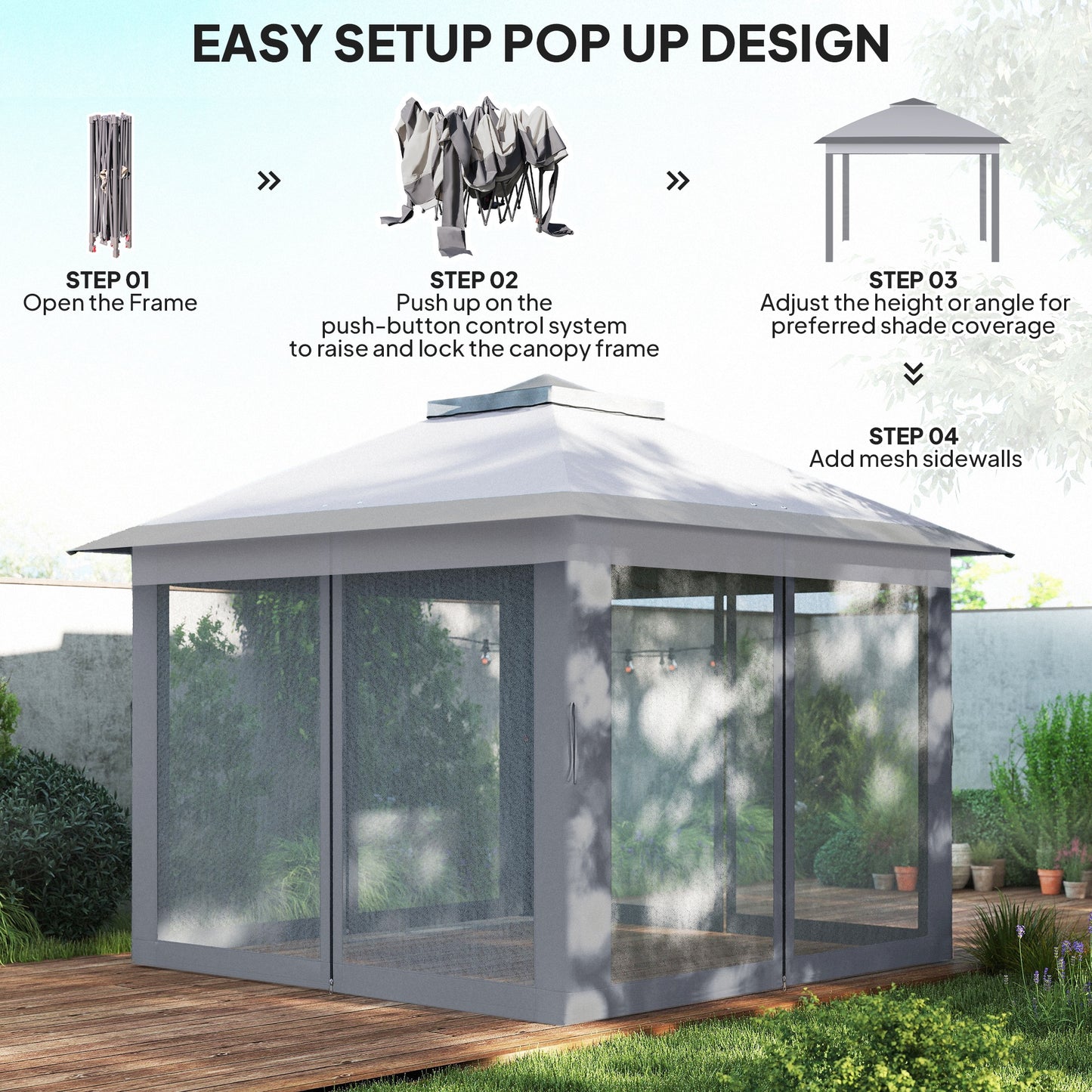 3.3 x 3.3m Pop Up Gazebo, Double Roof Foldable Canopy Tent with Zipped Mesh Sidewalls, Height Adjustable and Carrying Bag