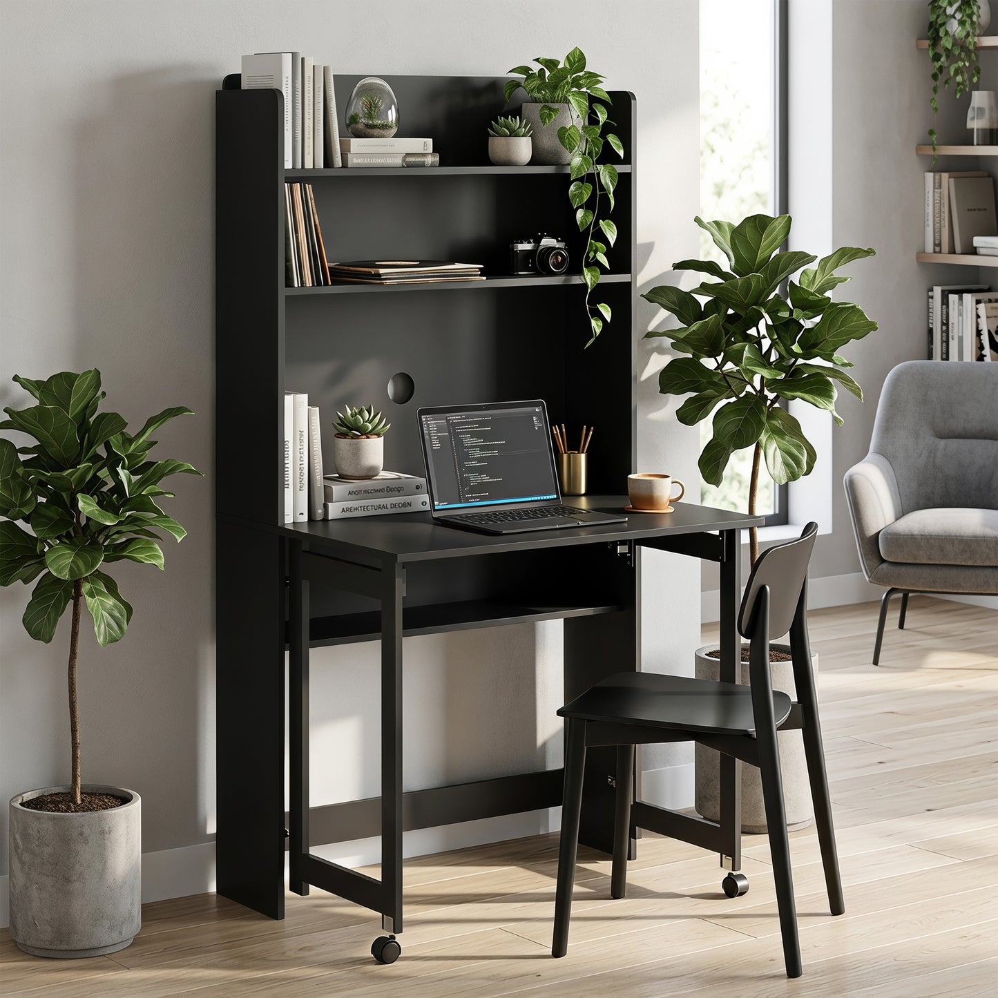 Foldable Desktop, Computer Desk with Storage Shelves, 80 x 69 x 155 cm, Black