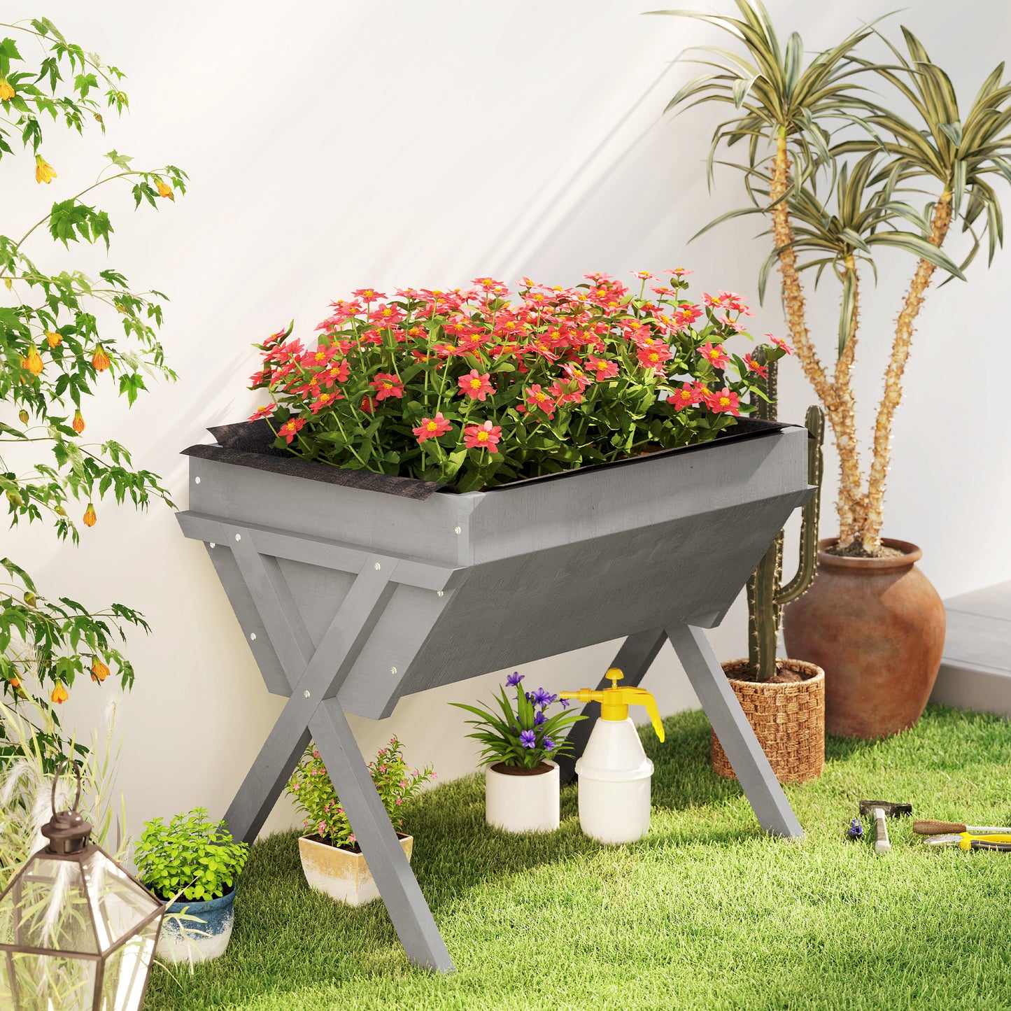 Wooden Raised Garden Bed with Bed Liner, Elevated Planter Box with Legs, Light Grey