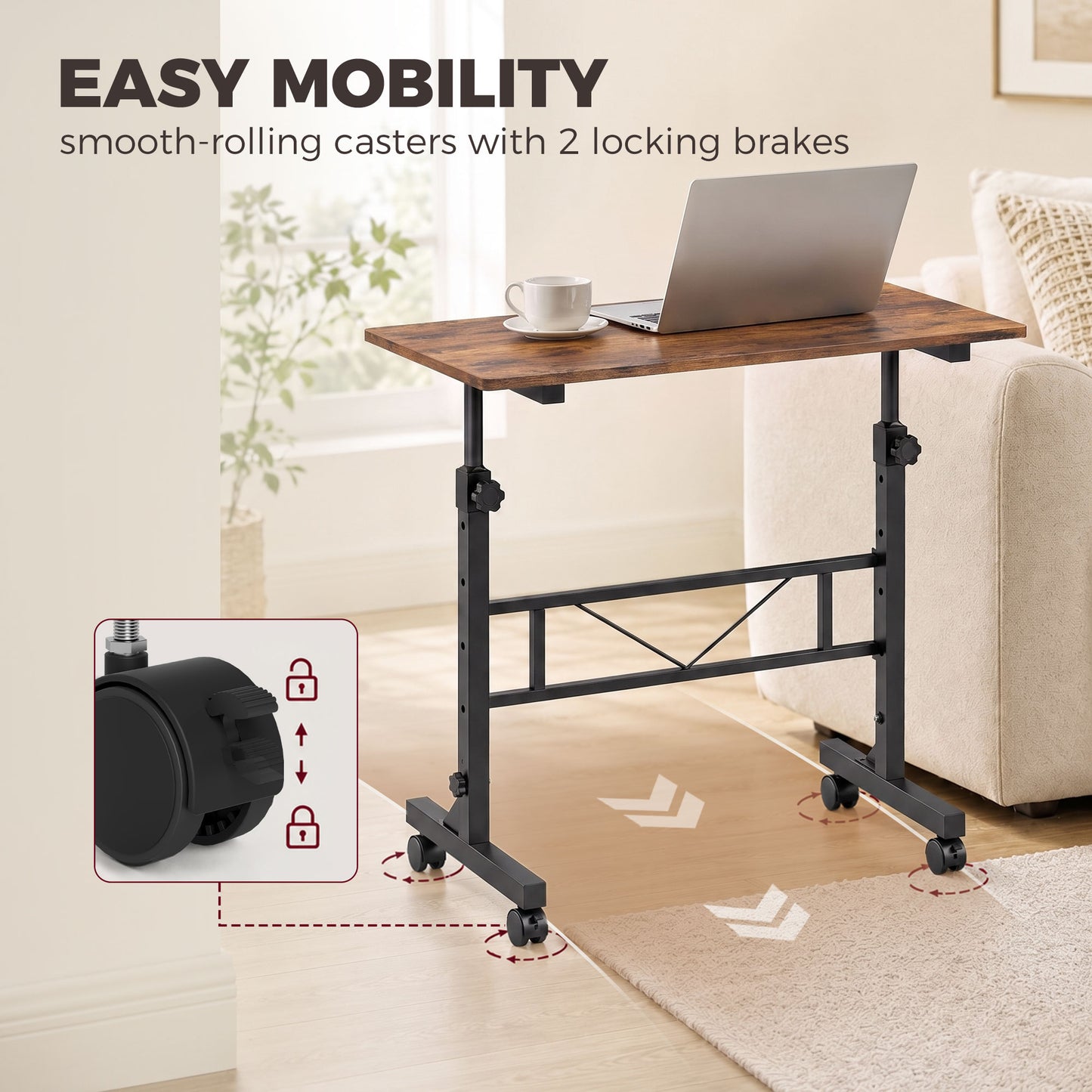 Overbed Table Adjustable Height Sofa Side Table with Wheels 80 x 40 cm Rustic Brown Black