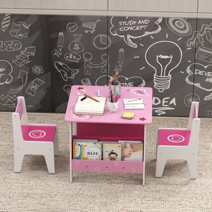 3 Pieces Kids Table and Chair Set, Toddler Activity Table with Bookshelves, for Living Room, Nursery, Playroom, Pink