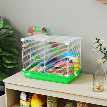 2 Tier Hamster Cage, Gerbil Cage with Handle, Exercise Wheels, Tunnel, Water Bottle, Dishes, Ladder, for Dwarf