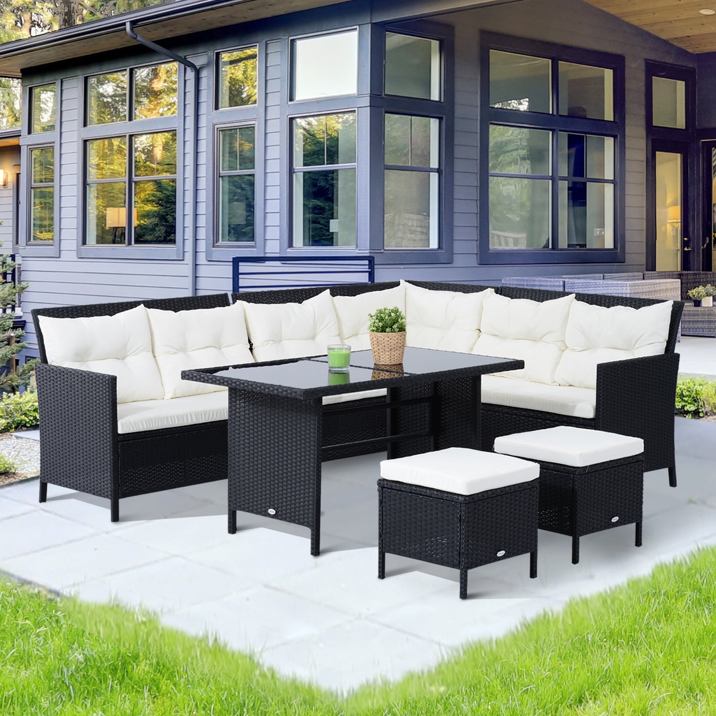 8-Seater Garden Rattan Furniture Rattan Corner Dining Sofa Set Wicker Conservatory Furniture Lawn Patio Coffee Table Foot Sto