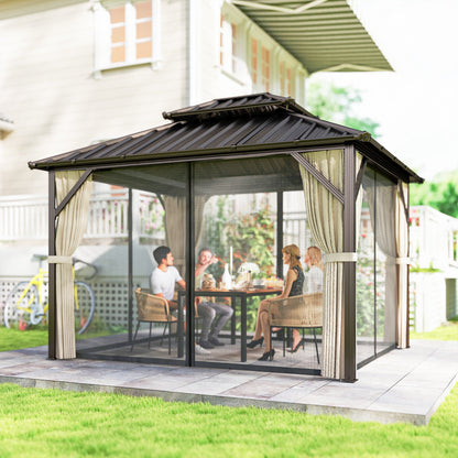 3x3.6 m Hardtop Gazebo Canopy with UPF50+ Double Galvanised Steel Roof, Aluminium Garden Gazebo Permanent Pavilion, Brown