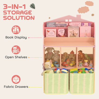 Kids Bookshelf with Storage, Toy Storage Unit with Book Display, Shelves and Fabric Drawers for Playroom Nursery, Pink