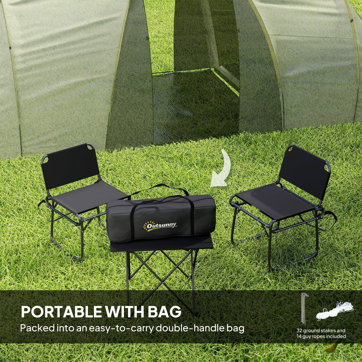 Four-Man Tunnel Tent, with Two Bedrooms and Living Room - Grey/Yellow