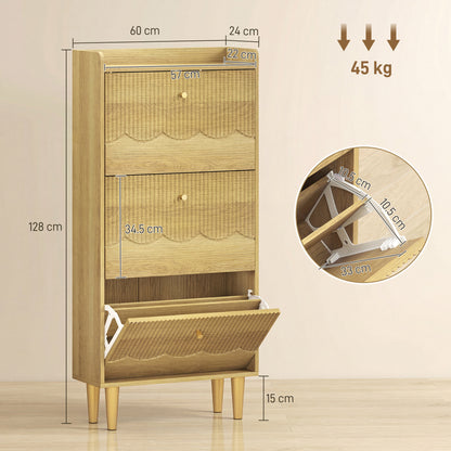 Narrow Shoe Cabinet, Modern Shoe Storage Cabinet with 3 Flip Drawers, Oak