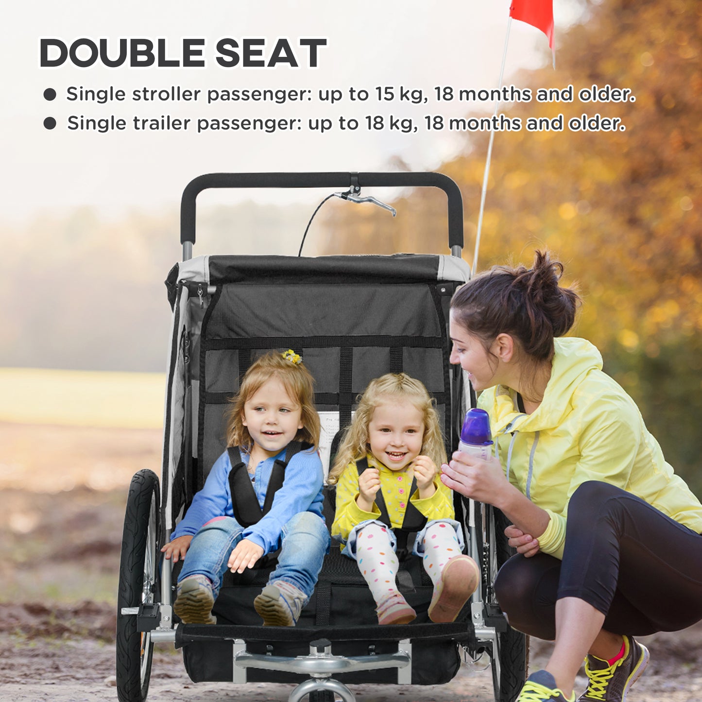 2 Seat Bike Trailer with 5 Point Harness, Baby Bike Stroller with Safety Flag, Reflectors, for 18+ Months, Black