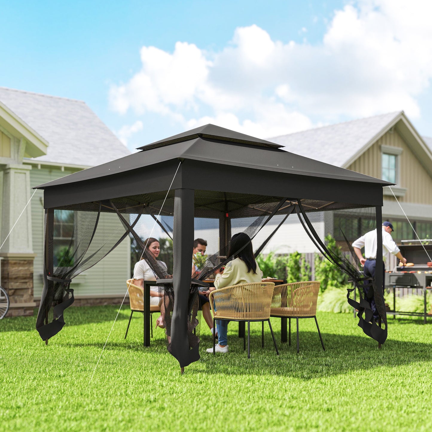 3 x 3(m) Pop Up Gazebo, Double-roof Garden Tent with Netting and Carry Bag, Party Event Shelter, Black