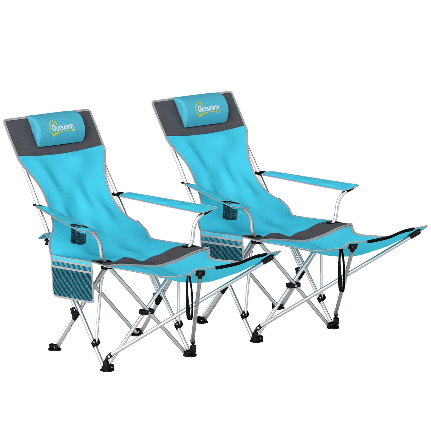 Set of 2 Reclining Folding Camping Chair w/ Detachable Footrest, Storage Bag, Cup Holder & Headrest, Blue and Grey